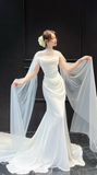 Niulatu Mermaid Strapless White Chiffon Tulle Long Wedding Dresses HZ1110