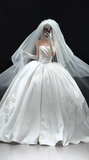 Niulatu Ball Gown Strapless Satin Applique With Veil Gloves Long Wedding Dresses HZ1110