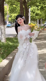 Niulatu A Line Off The Shoulder Tulle Applique Long Sleeves Long Wedding Dresses HZ1110