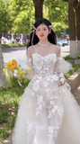 Niulatu A Line Off The Shoulder Tulle Applique Long Sleeves Long Wedding Dresses HZ1110