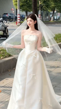 Niulatu A Line Strapless Satin Bow With Veil Long Wedding Dresses HZ1110