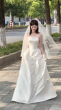 Niulatu A Line Strapless Satin Bow With Veil Long Wedding Dresses HZ1110