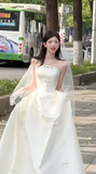 Niulatu A Line Strapless Satin Bow With Veil Long Wedding Dresses HZ1110