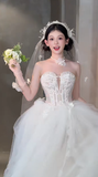 Niulatu A Line Strapless Tulle Applique With Veil Long Wedding Dresses HZ1110