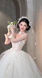 Niulatu A Line Strapless Tulle Applique With Veil Long Wedding Dresses HZ1110
