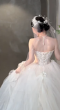 Niulatu A Line Strapless Tulle Applique With Veil Long Wedding Dresses HZ1110