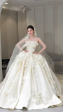 Niulatu Ball Gown Strapless Satin Applique With Veil Long Wedding Dresses HZ1110