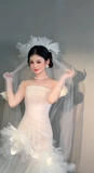 Niulatu Mermaid Strapless Tulle With Veil Gloves Long Wedding Dresses HZ1110