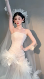 Niulatu Mermaid Strapless Tulle With Veil Gloves Long Wedding Dresses HZ1110
