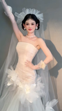 Niulatu Mermaid Strapless Tulle With Veil Gloves Long Wedding Dresses HZ1110