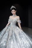 Niulatu Ball Gown Off The Shoulder Tulle Sequin Long Wedding Dresses HZ1110