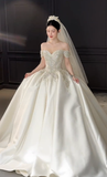 Niulatu Ball Gown Off The Shoulder Satin Beaded With Veil Long Wedding Dresses HZ1110