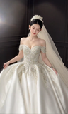Niulatu Ball Gown Off The Shoulder Satin Beaded With Veil Long Wedding Dresses HZ1110
