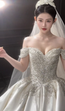 Niulatu Ball Gown Off The Shoulder Satin Beaded With Veil Long Wedding Dresses HZ1110