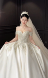 Niulatu Ball Gown Off The Shoulder Satin Beaded With Veil Long Wedding Dresses HZ1110