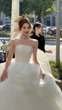 Niulatu Ball Gown Strapless Tulle Applique Long Wedding Dresses HZ1110
