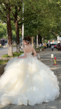 Niulatu Ball Gown Strapless Tulle Applique Long Wedding Dresses HZ1110