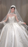 Niulatu Ball Gown Strapless Satin Applique Beaded With Veil Long Wedding Dresses HZ1110