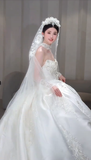 Niulatu Ball Gown Strapless Satin Applique Beaded With Veil Long Wedding Dresses HZ1110