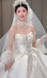 Niulatu Ball Gown Strapless Satin Applique Beaded With Veil Long Wedding Dresses HZ1110