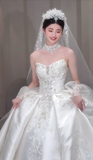 Niulatu Ball Gown Strapless Satin Applique Beaded With Veil Long Wedding Dresses HZ1110