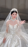 Niulatu Ball Gown Strapless Satin Applique Beaded With Veil Long Wedding Dresses HZ1110