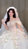 Niulatu Ball Gown Off The Shoulder Applique With Veil Long Wedding Dresses HZ1110