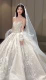 Niulatu Ball Gown Strapless Tulle Sequin Beaded With Veil Gloves Long Wedding Dresses HZ1110