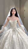 Niulatu Ball Gown Strapless Tulle Sequin Beaded With Veil Gloves Long Wedding Dresses HZ1110