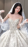 Niulatu Ball Gown Strapless Tulle Sequin Beaded With Veil Gloves Long Wedding Dresses HZ1110