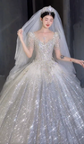 Niulatu Ball Gown Tulle Sequin Beaded Short Sleeves With Veil Long Wedding Dresses HZ1110