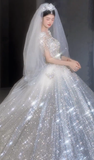 Niulatu Ball Gown Tulle Sequin Beaded Short Sleeves With Veil Long Wedding Dresses HZ1110