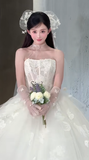 Niulatu Ball Gown Strapless Tulle Applique With Veil Long Wedding Dresses HZ1110