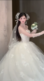Niulatu Ball Gown Strapless Tulle Applique With Veil Long Wedding Dresses HZ1110