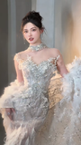 Niulatu Mermaid Strapless Tulle Sequin With Cape Long Wedding Dresses HZ1110