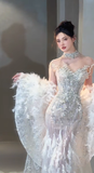 Niulatu Mermaid Strapless Tulle Sequin With Cape Long Wedding Dresses HZ1110