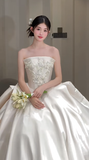Niulatu Ball Gown Strapless Satin Beaded Long Wedding Dresses HZ1110