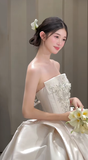 Niulatu Ball Gown Strapless Satin Beaded Long Wedding Dresses HZ1110