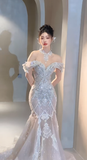 Niulatu Mermaid Off The Shoulder Tulle Sequin Long Wedding Dresses HZ1110