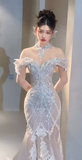 Niulatu Mermaid Off The Shoulder Tulle Sequin Long Wedding Dresses HZ1110