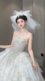 Niulatu Ball Gown Strapless Tulle Sequin With Veil Long Wedding Dresses HZ1110