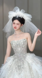 Niulatu Ball Gown Strapless Tulle Sequin With Veil Long Wedding Dresses HZ1110