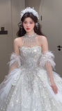 Niulatu Ball Gown Halter Tulle Sequin Beaded Long Wedding Dresses HZ1110