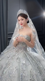 Niulatu Ball Gown Strapless Tulle Sequin Beaded With Veil Long Wedding Dresses HZ1110