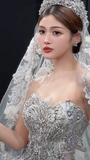 Niulatu Ball Gown Strapless Tulle Sequin Beaded With Veil Long Wedding Dresses HZ1110