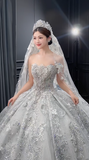 Niulatu Ball Gown Strapless Tulle Sequin Beaded With Veil Long Wedding Dresses HZ1110
