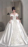 Niulatu Ball Gown Off The Shoulder Satin Lace Beaded Long Wedding Dresses HZ1110