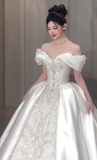 Niulatu Ball Gown Off The Shoulder Satin Lace Beaded Long Wedding Dresses HZ1110