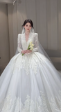 Niulatu Ball Gown V Neck Tulle Lace Long Sleeves With Train Long Wedding Dresses HZ1110