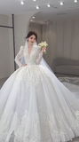 Niulatu Ball Gown V Neck Tulle Lace Long Sleeves With Train Long Wedding Dresses HZ1110